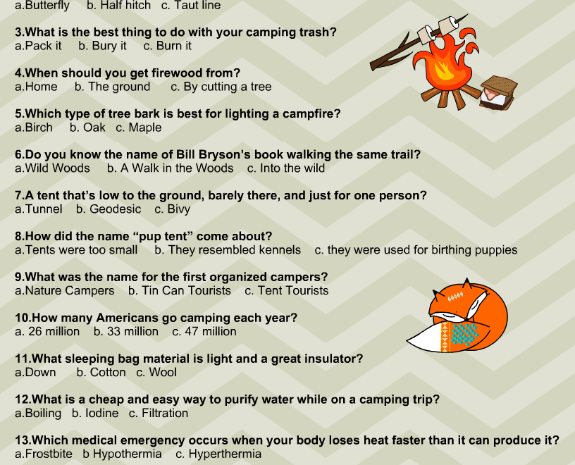 Free Printable Camping Trivia Quiz With Answer Key Worksheets Library