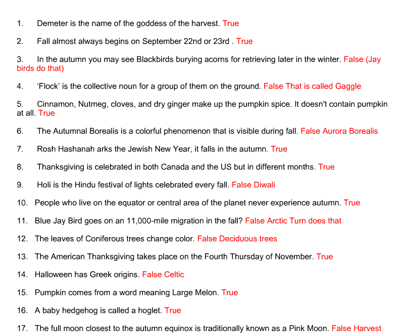 Free Printable Fall True Or False Trivia Quiz