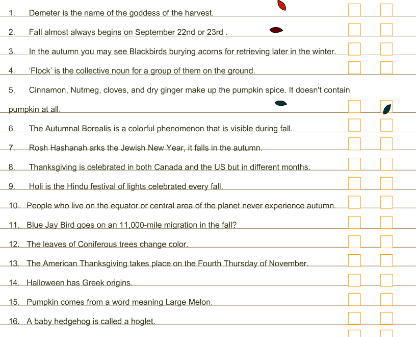 Free Printable Fall True Or False Trivia Quiz