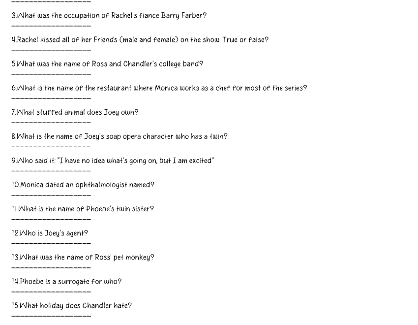 Free Printable Friends TV Show Trivia Quiz With Key