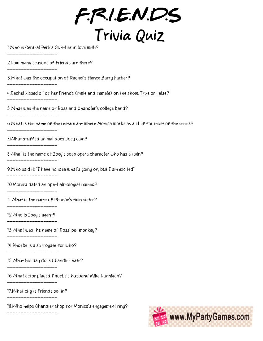 Free Printable Friends TV Show Trivia Quiz With Key Free Printable Friends TV Show Trivia Quiz With Key
