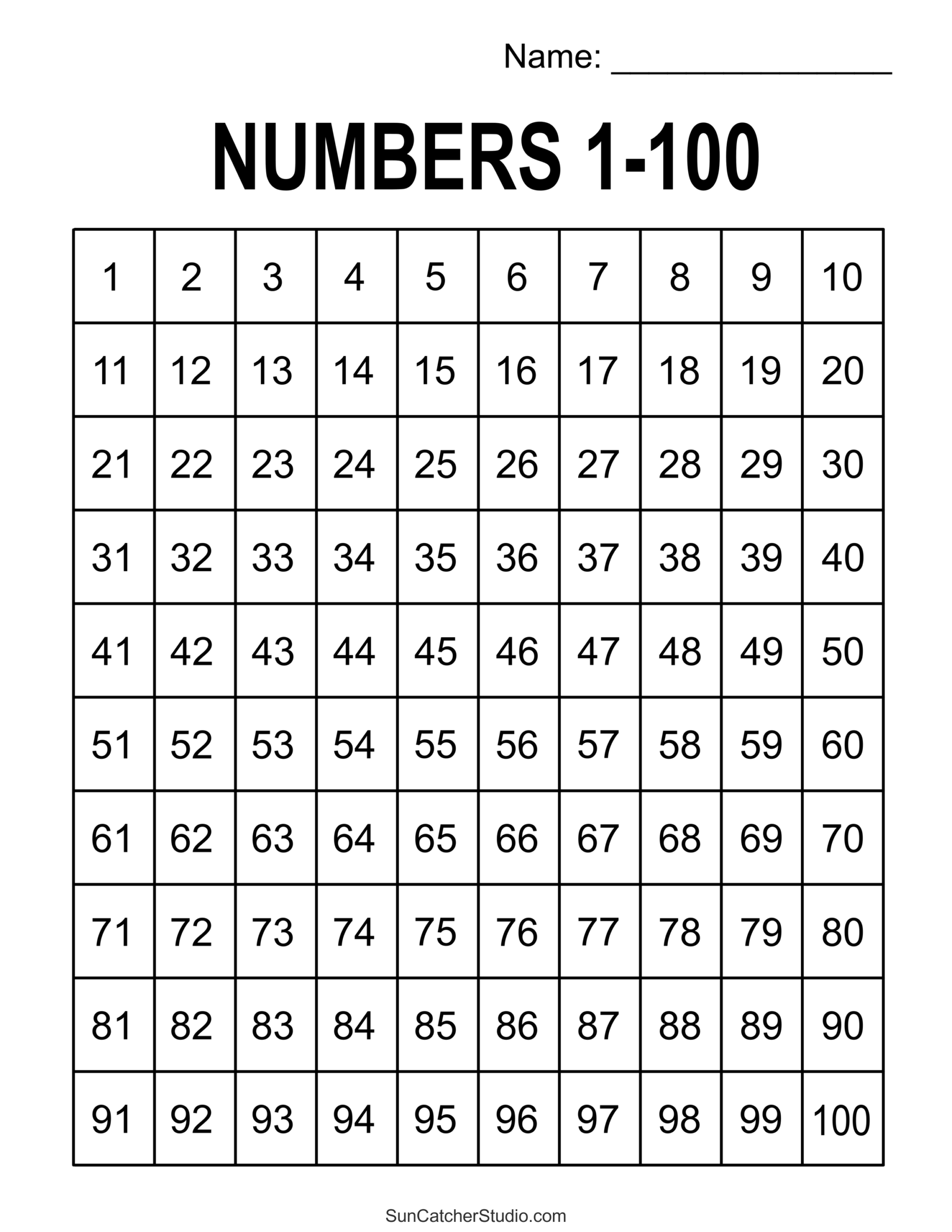 Diy Number Chart Printable 1-100