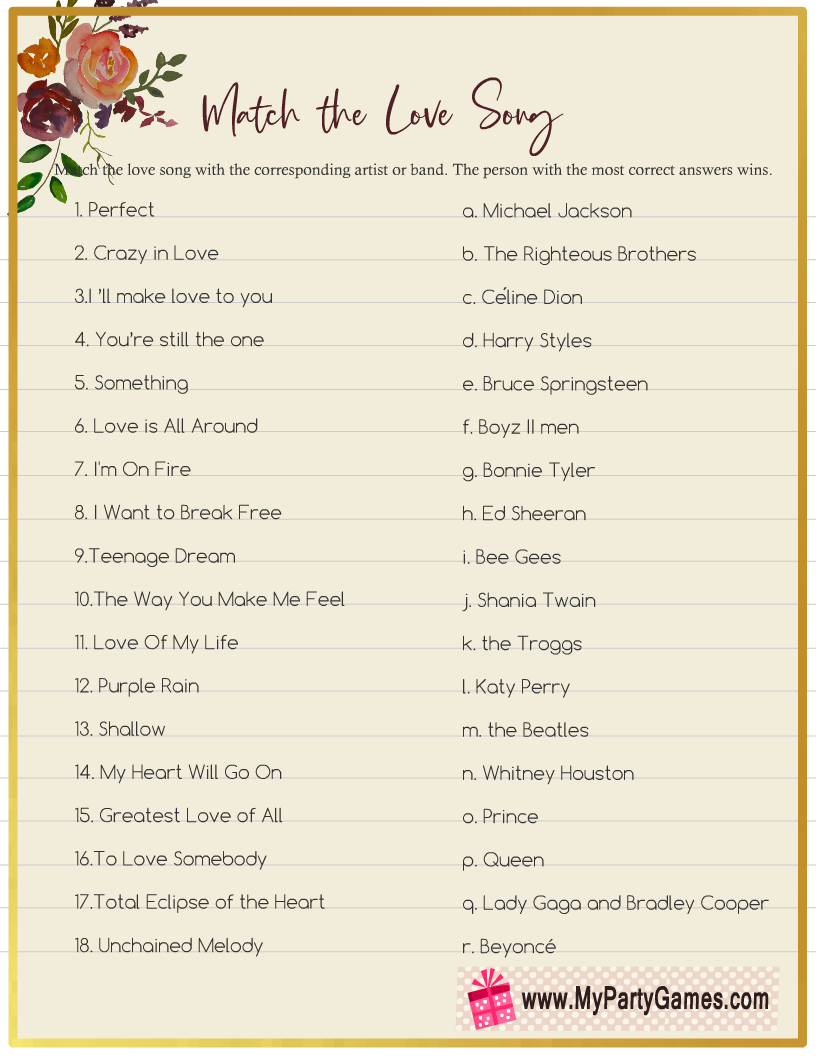 Free Printable Match The Love Song Game Free Printable Match The Love Song Game