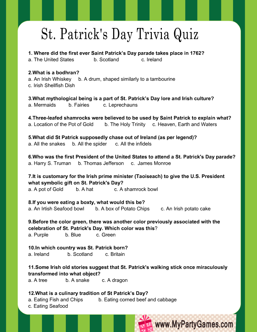 Free Printable St Patrick s Day Trivia Quiz Free Printable St Patrick s Day Trivia Quiz