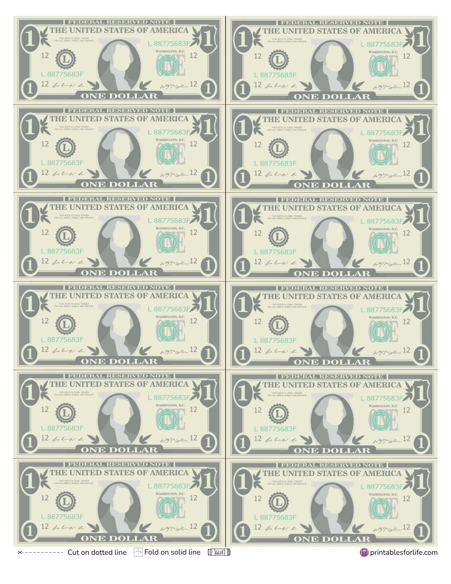 Free Printable US Money Bills PDF