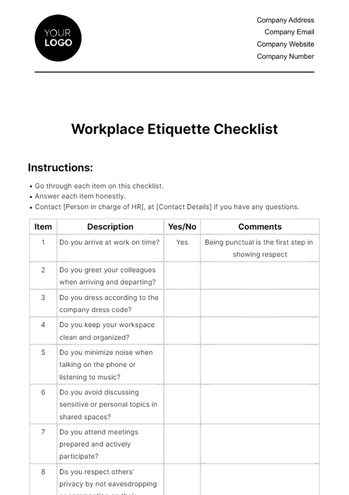 Free Workplace Etiquette Checklist HR Template To Edit Online Free Workplace Etiquette Checklist HR Template To Edit Online