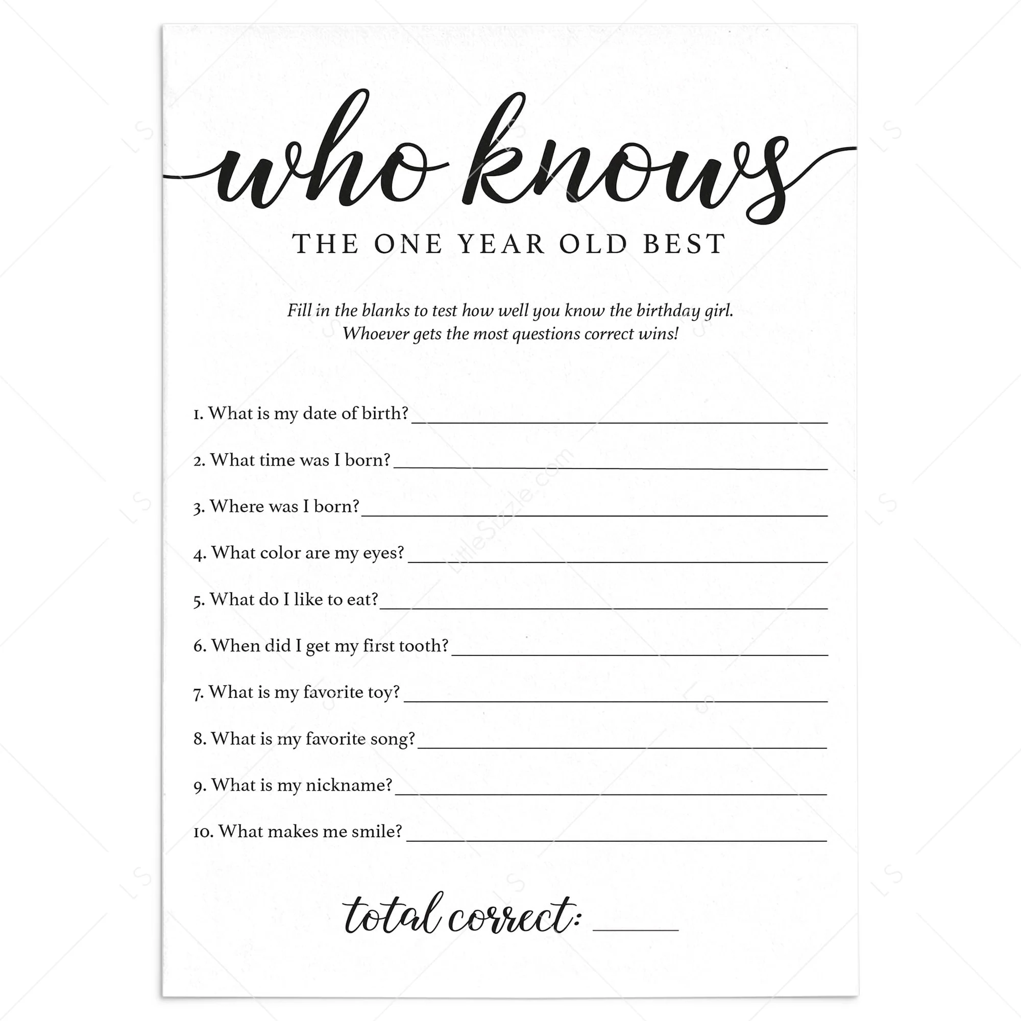 Girl First Birthday Trivia Who Knows The One Year Old Best Printable LittleSizzle