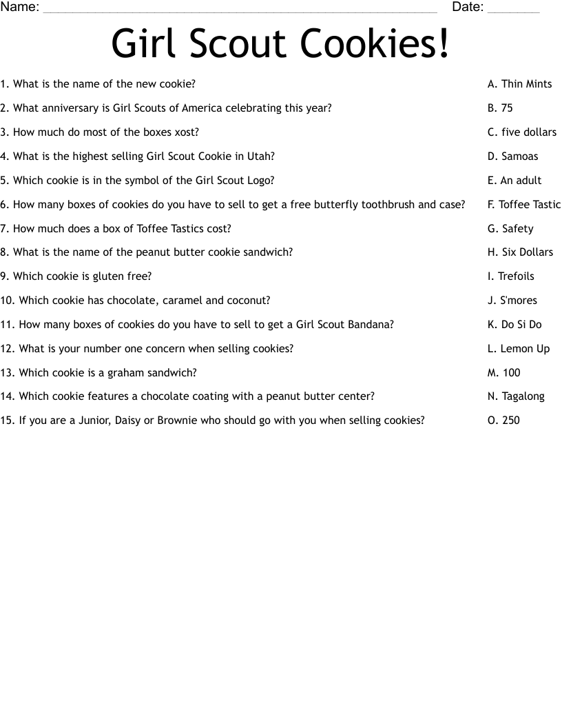 Girl Scout Cookies Worksheet WordMint Girl Scout Cookies Worksheet WordMint