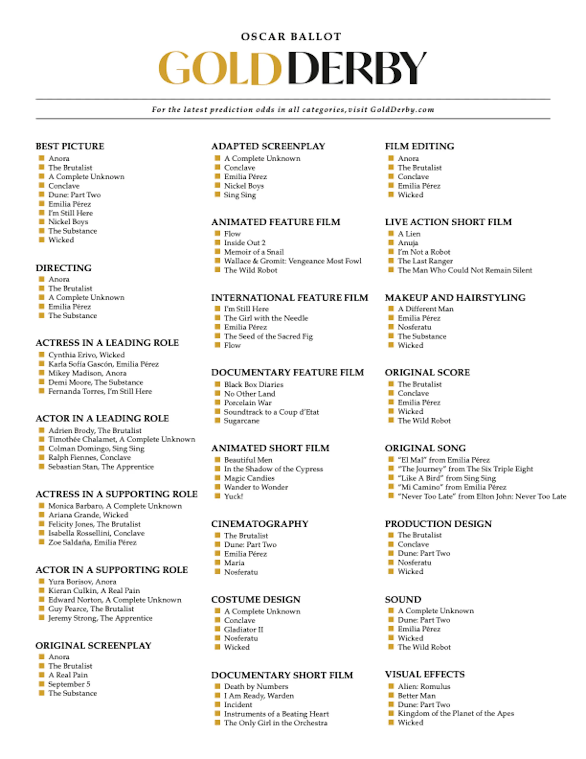 Gold Derby s Printable 2025 Oscars Ballot Gold Derby s Printable 2025 Oscars Ballot