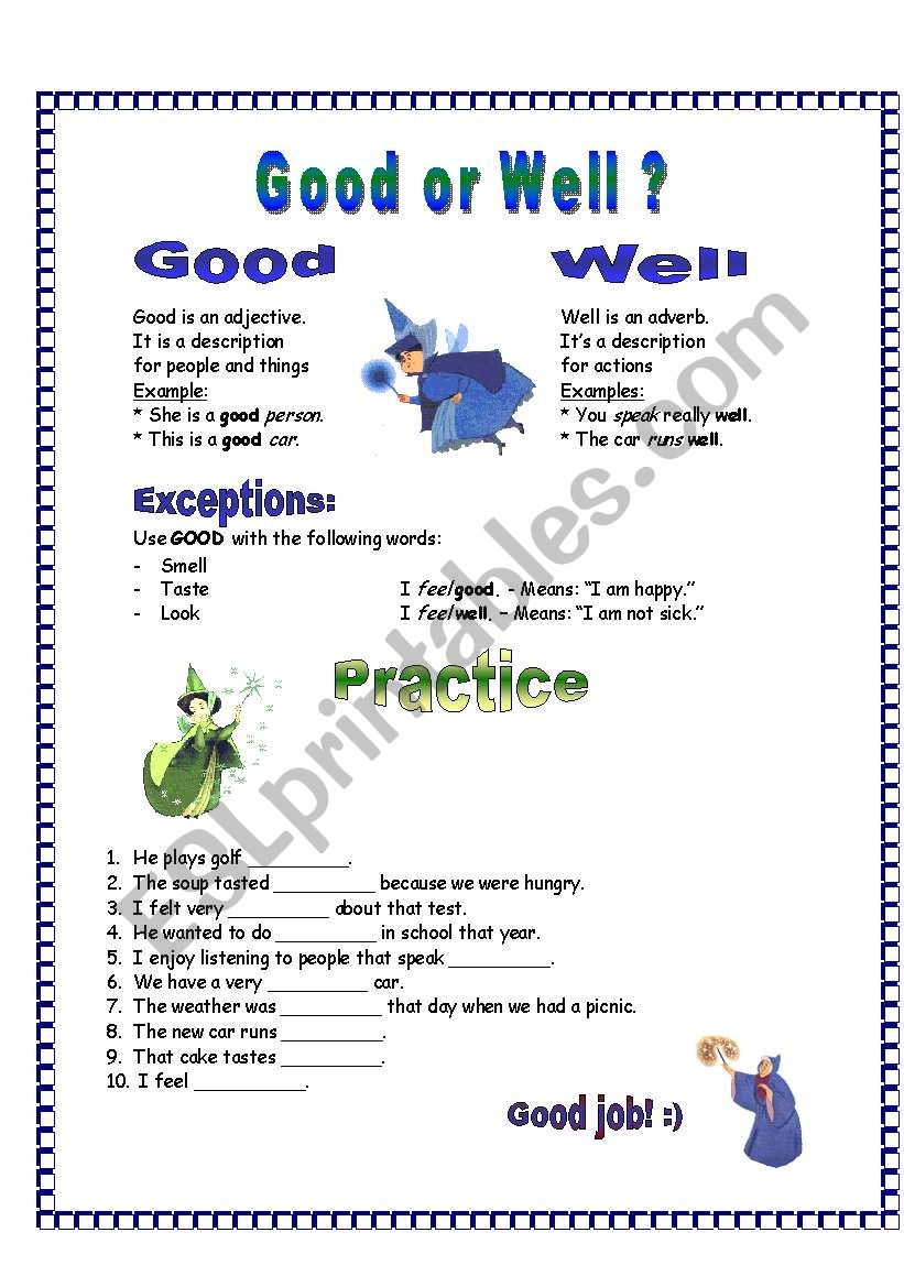 Good Vs. Well Printable Quiz