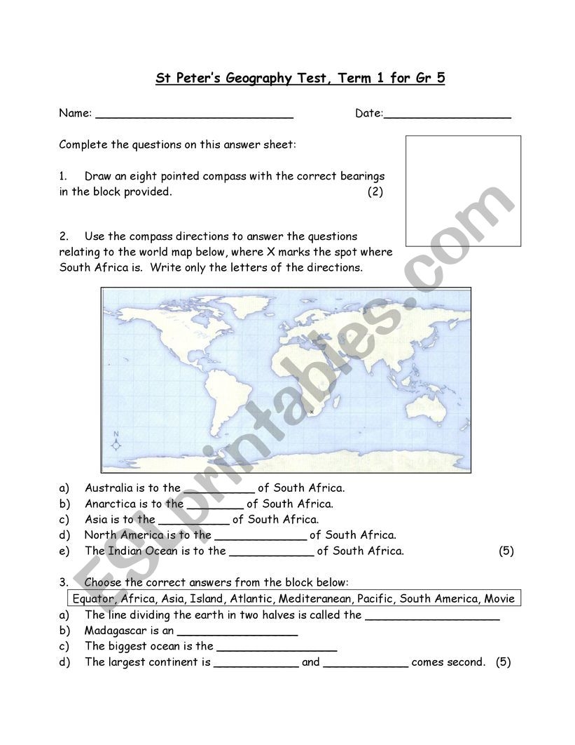 Grade 5 Term 1 Geography Test ESL Worksheet By Moniqueanney