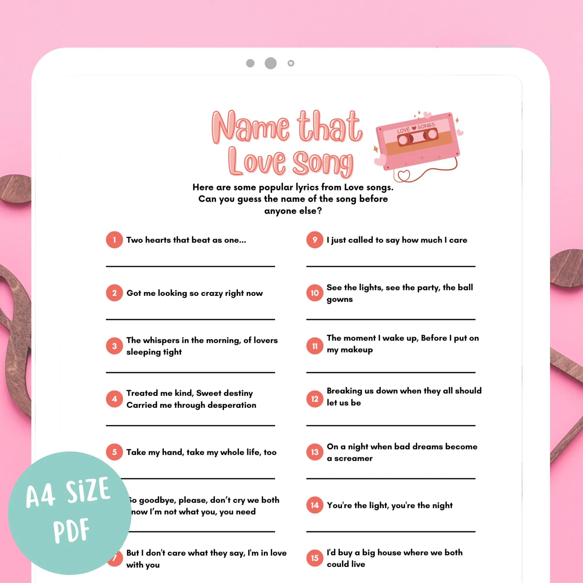 Guess The Name Of The Song Challenge Printable Game With Popular Love Song Lyrics Name That Love Song Love Song Trivia Game Etsy