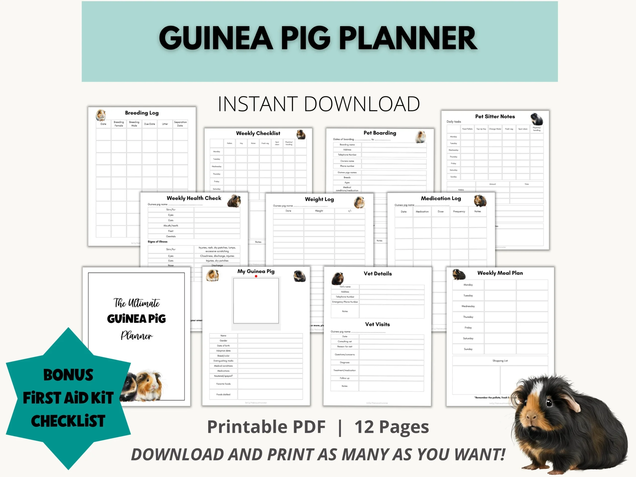 Guinea Pig Planner Printable Guinea Pig Pet Sitting Insert Pet Health Record Pet Care Binder Guide Pet Feeding Schedule Etsy