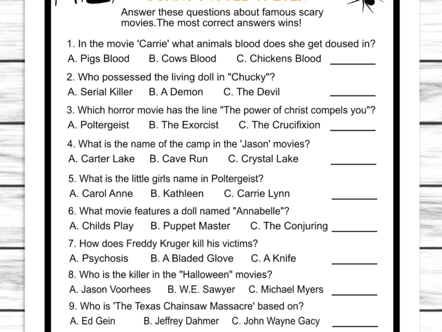 Halloween Scary Movie Trivia Quiz Costume Party Game Printable Or Vir Enjoymyprintables