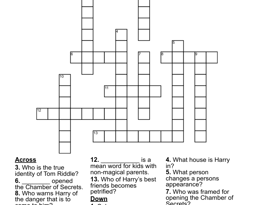Harry Potter And The Chamber Of Secrets Crossword WordMint