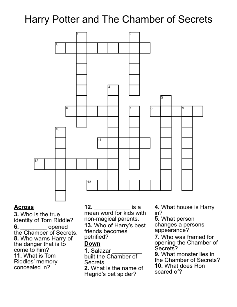 Harry Potter And The Chamber Of Secrets Crossword WordMint