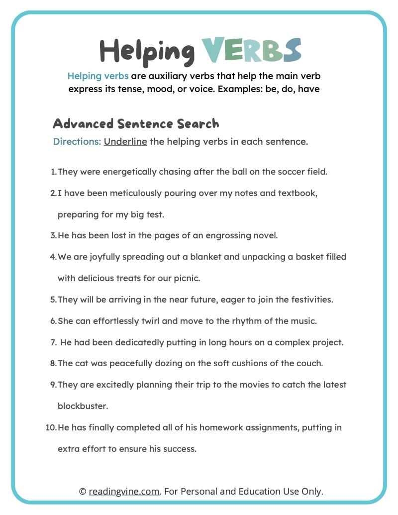 Printable List Of Helping Verbs Printable List Of Helping Verbs