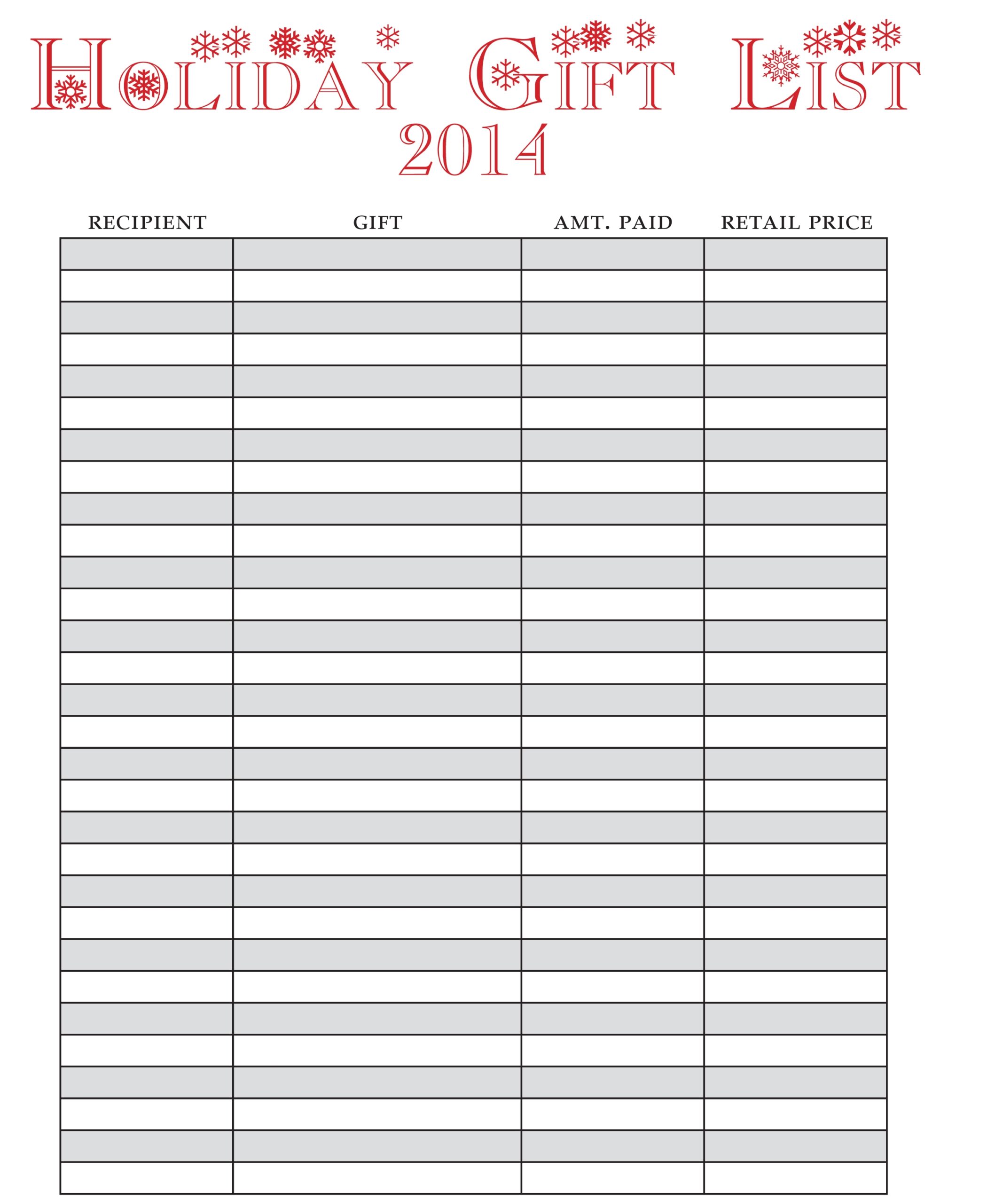 Gift List Free Printable