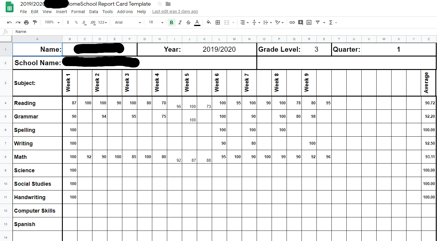 Homeschool Printable Grade Record Sheet