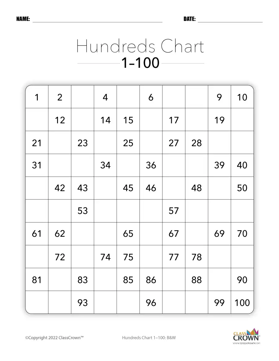Hundreds Chart 1 100 50 Filled BW Chart ClassCrown