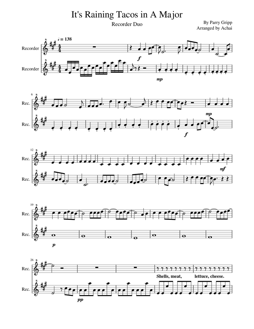 It s Raining Tacos Recorder Duet Version Sheet Music For Recorder Woodwind Duet MuseScore
