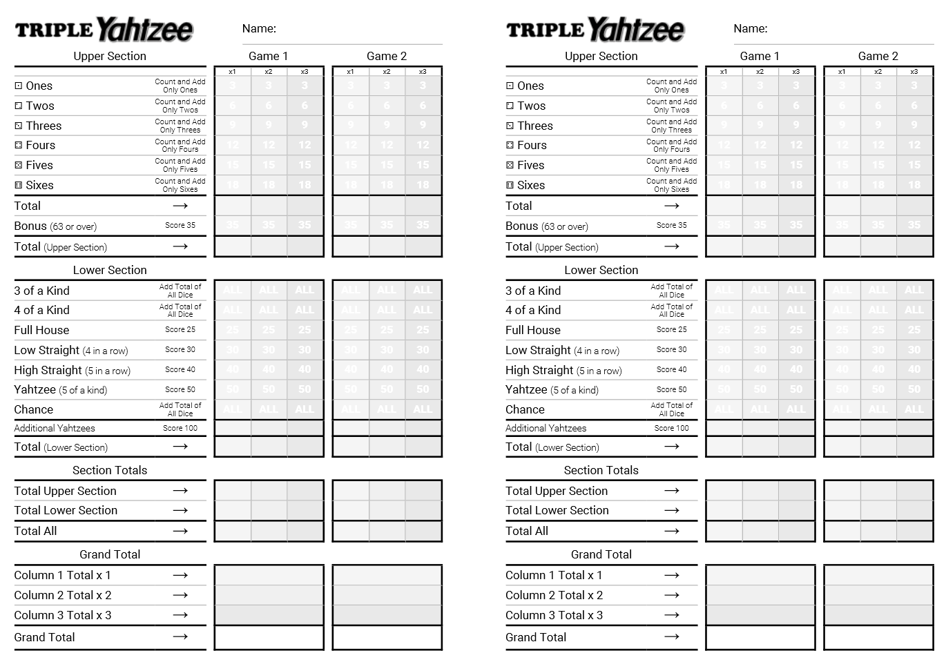Kingofmycastle Triple Yahtzee Printable HTML Score Sheets Kingofmycastle