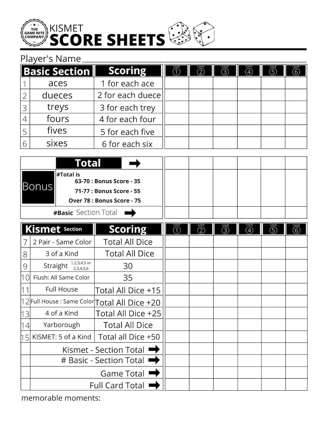 Free Printable Kismet Sheets