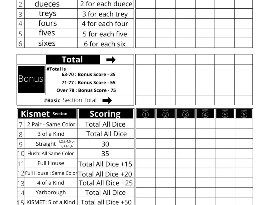 Kismet Score Sheets Printable PDF Kismet Score Cards Kismet Score Pads 8 5 X 11 Print Etsy