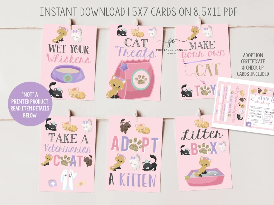 Kitten Party Signs Cat Food Sign Kitty Adoption Pet Games Birthday Theme Party Activities Girls Pink Table Signs Printable Decor Etsy