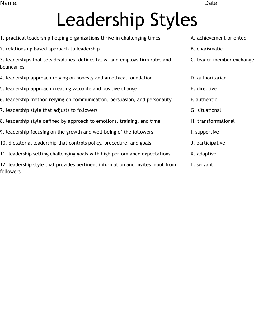 Leadership Styles Worksheet WordMint