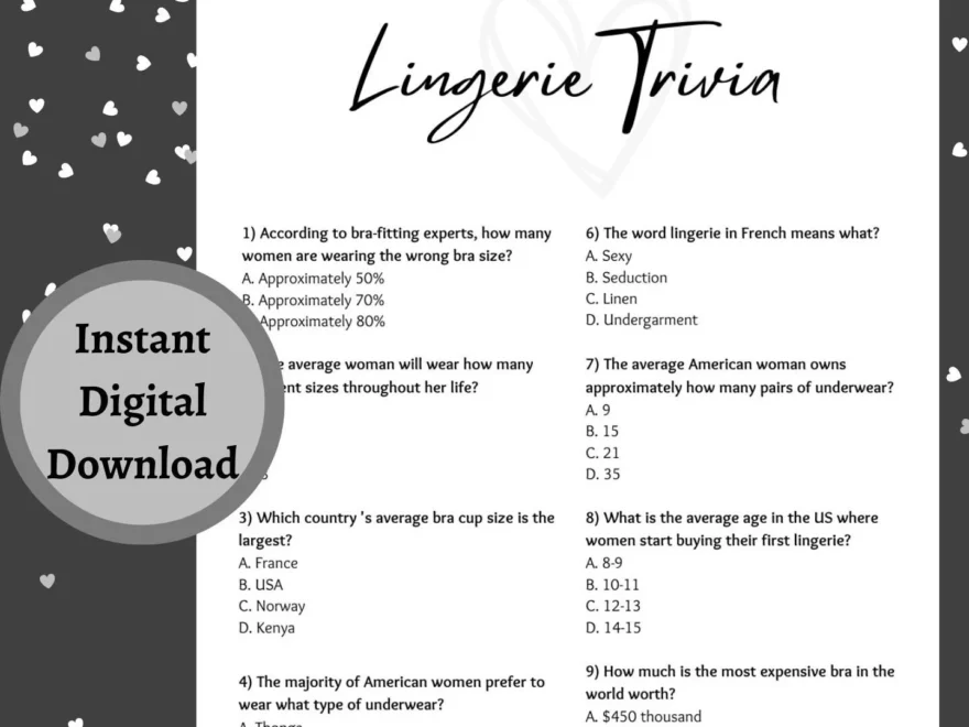 Lingerie Trivia Shower Game Printable PDF Download Heart Theme Etsy