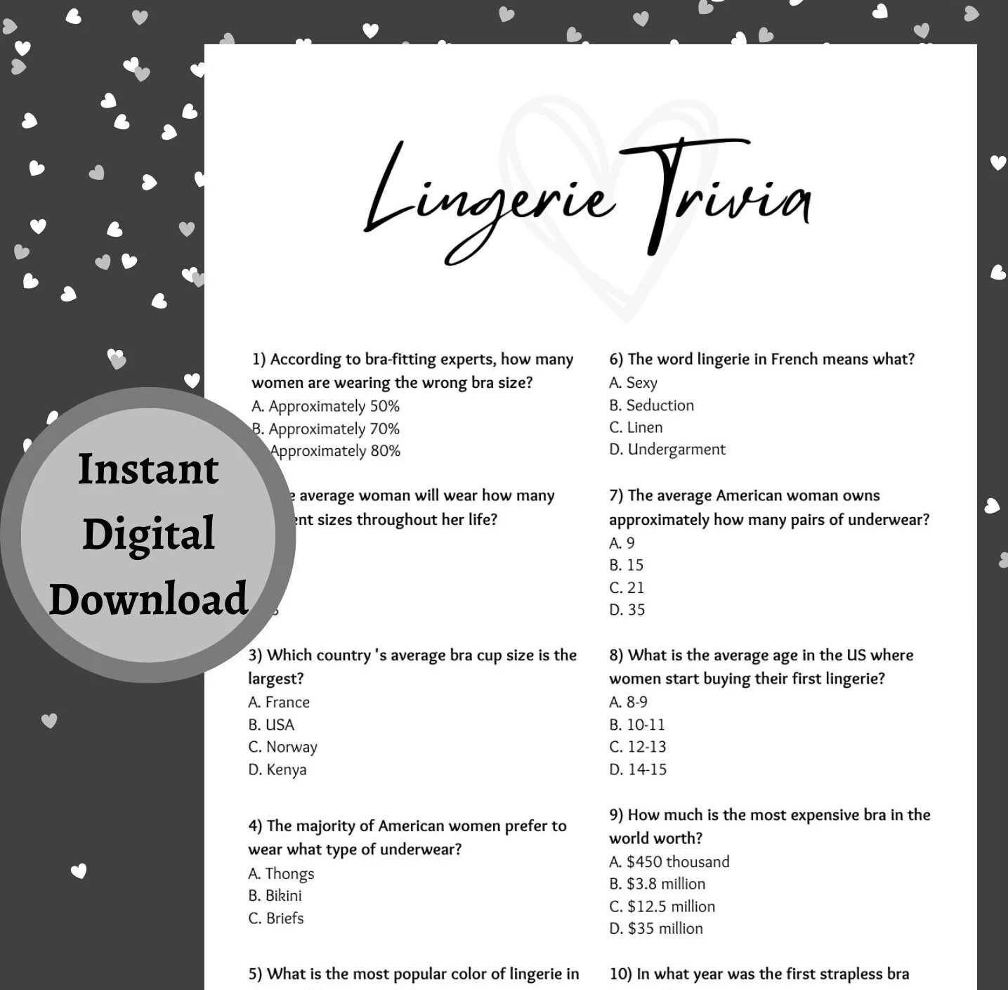 Lingerie Trivia Shower Game Printable PDF Download Heart Theme Etsy