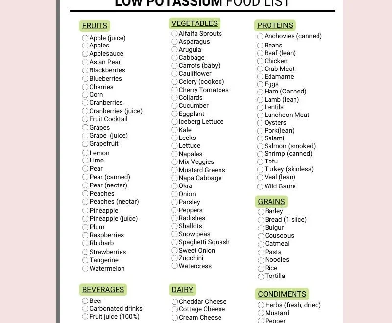 Low Potassium Food List Renal Diet Guide digital Download Etsy