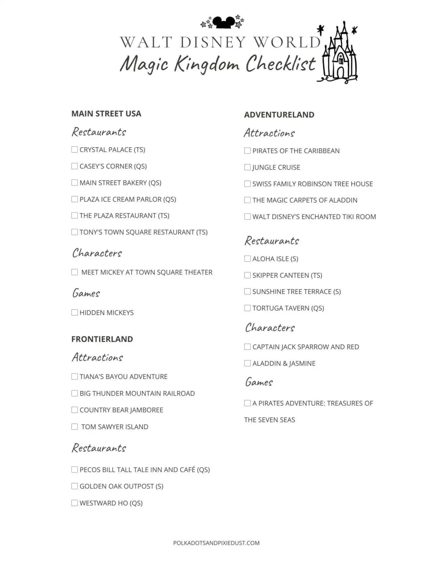 Magic Kingdom Checklist And Printable Polka Dots Pixie Dust Magic Kingdom Checklist And Printable Polka Dots Pixie Dust
