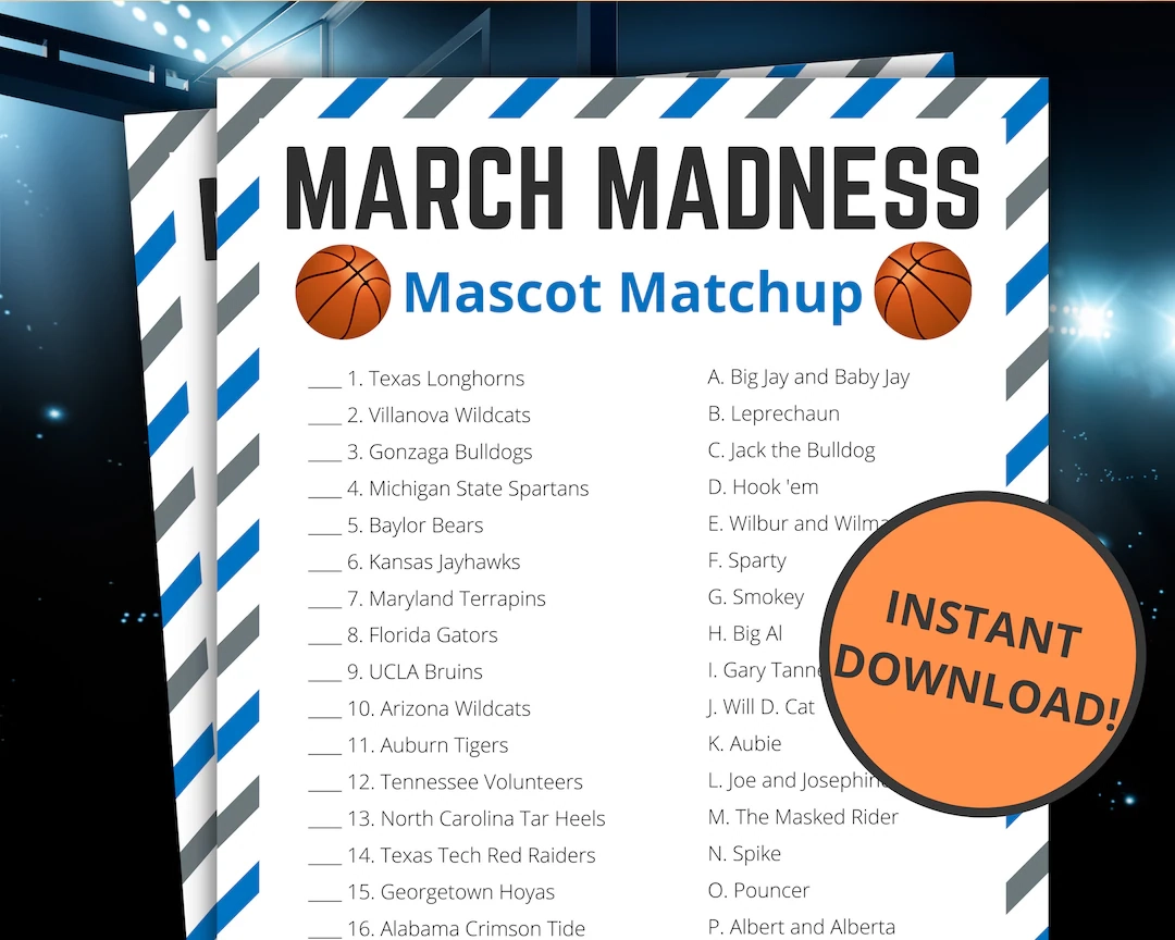 March Madness Mascot Matchup Printable March Madness Game For Kids And Adults NCAA Men s Basketball Championship Instant Download Etsy March Madness Mascot Matchup Printable March Madness Game For Kids And Adults NCAA Men s Basketball Championship Instant Download Etsy