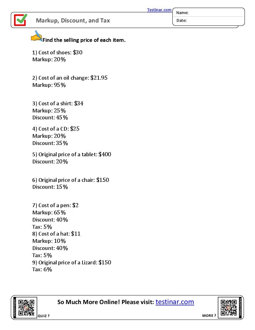 Printable Markup And Discount Quiz Printable Markup And Discount Quiz