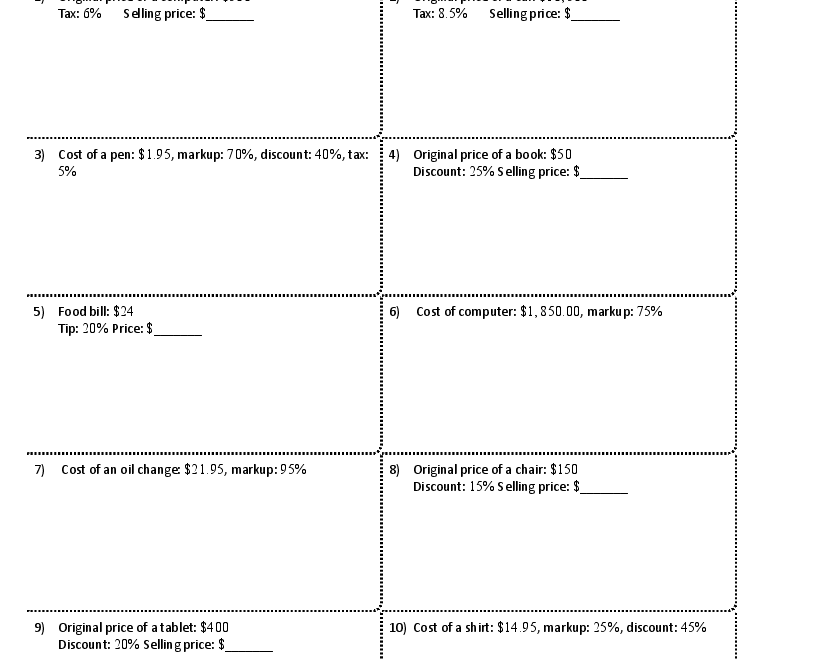 Markup Discount And Tax Worksheets
