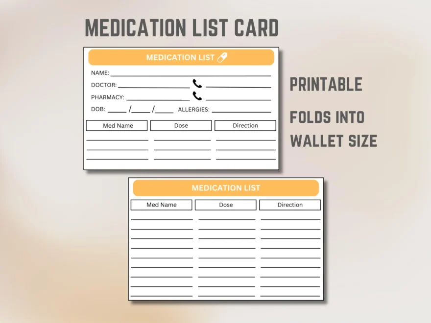 Medication List Card Wallet Card Pocket sized Medication Organizer Medical Emergency Reference Travel Card Medical Information Etsy