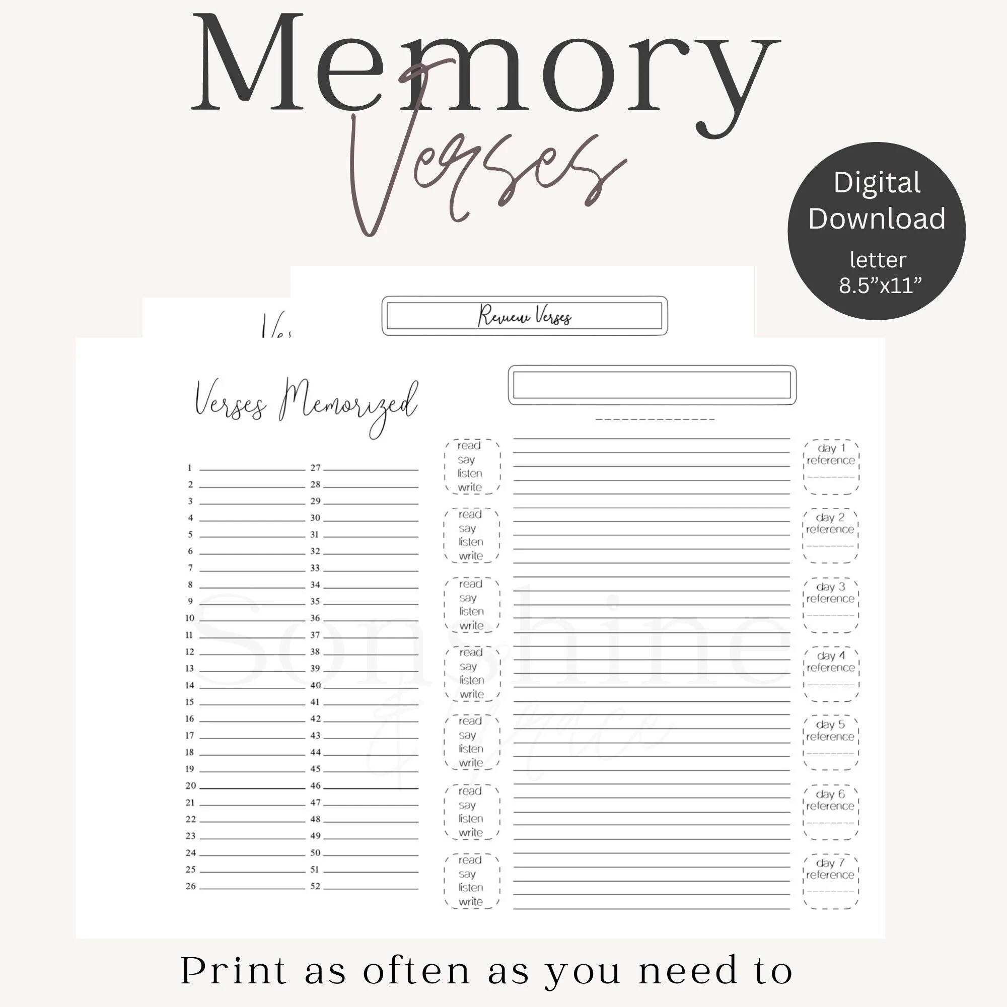 Memory Verse Printable Bible Study Worksheet PDF Download Etsy