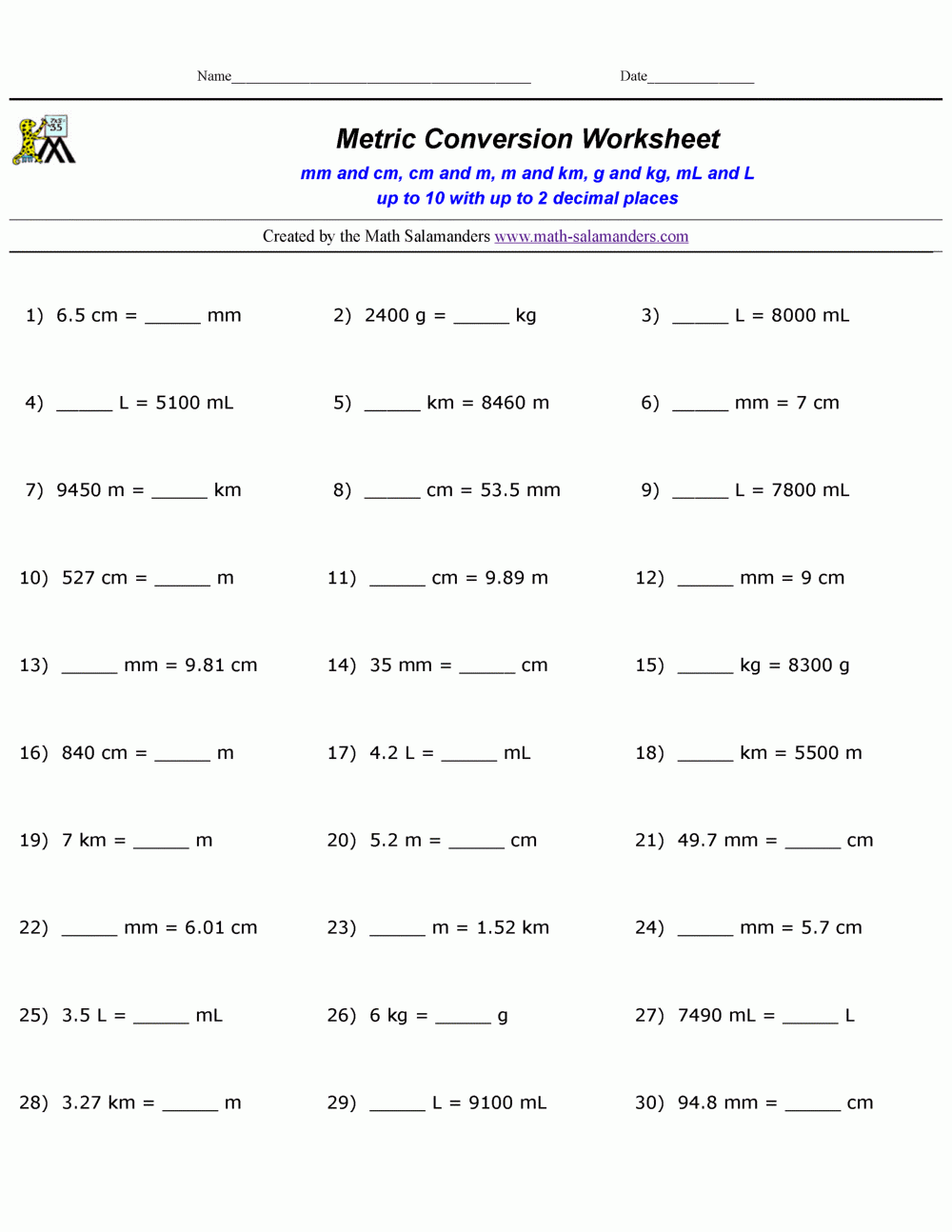 Metric Conversion Quiz Kilo-Mm Printable