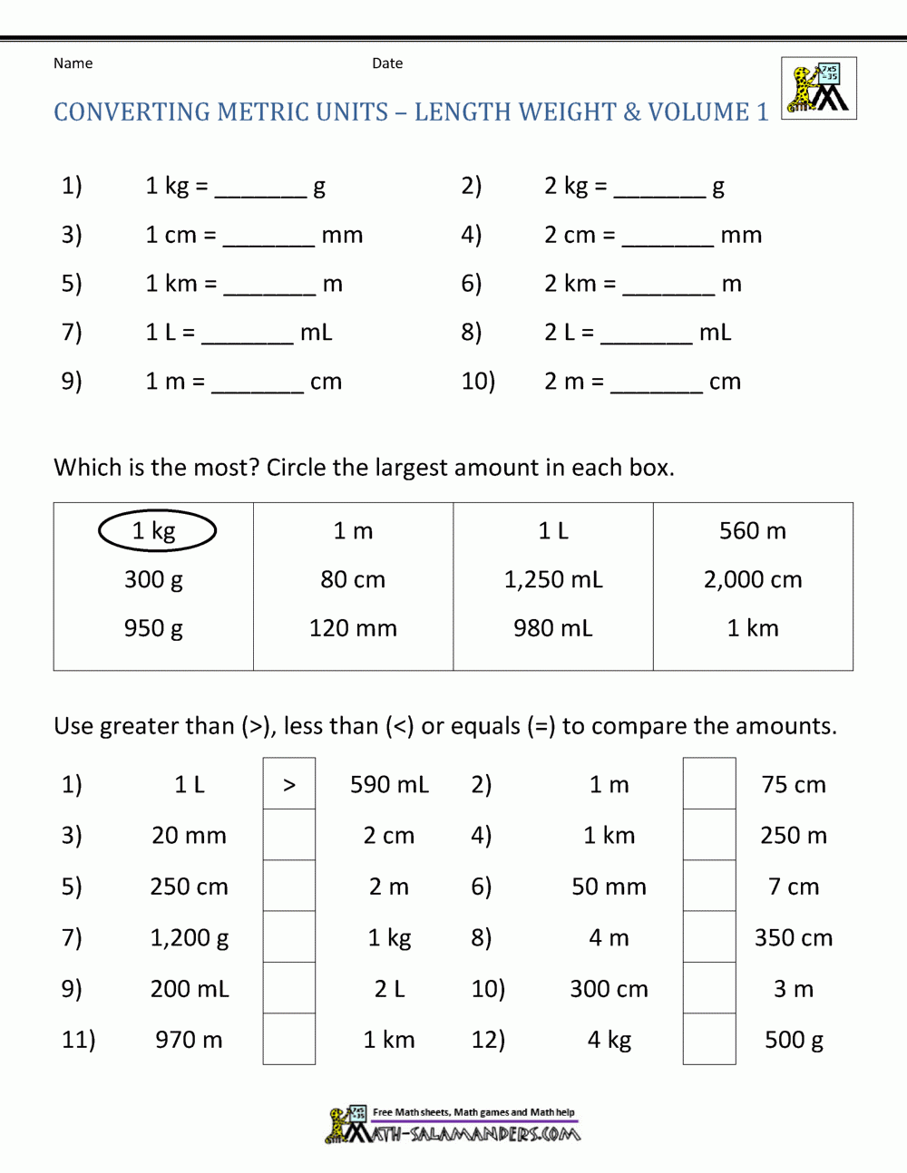 Metric Conversion Worksheet