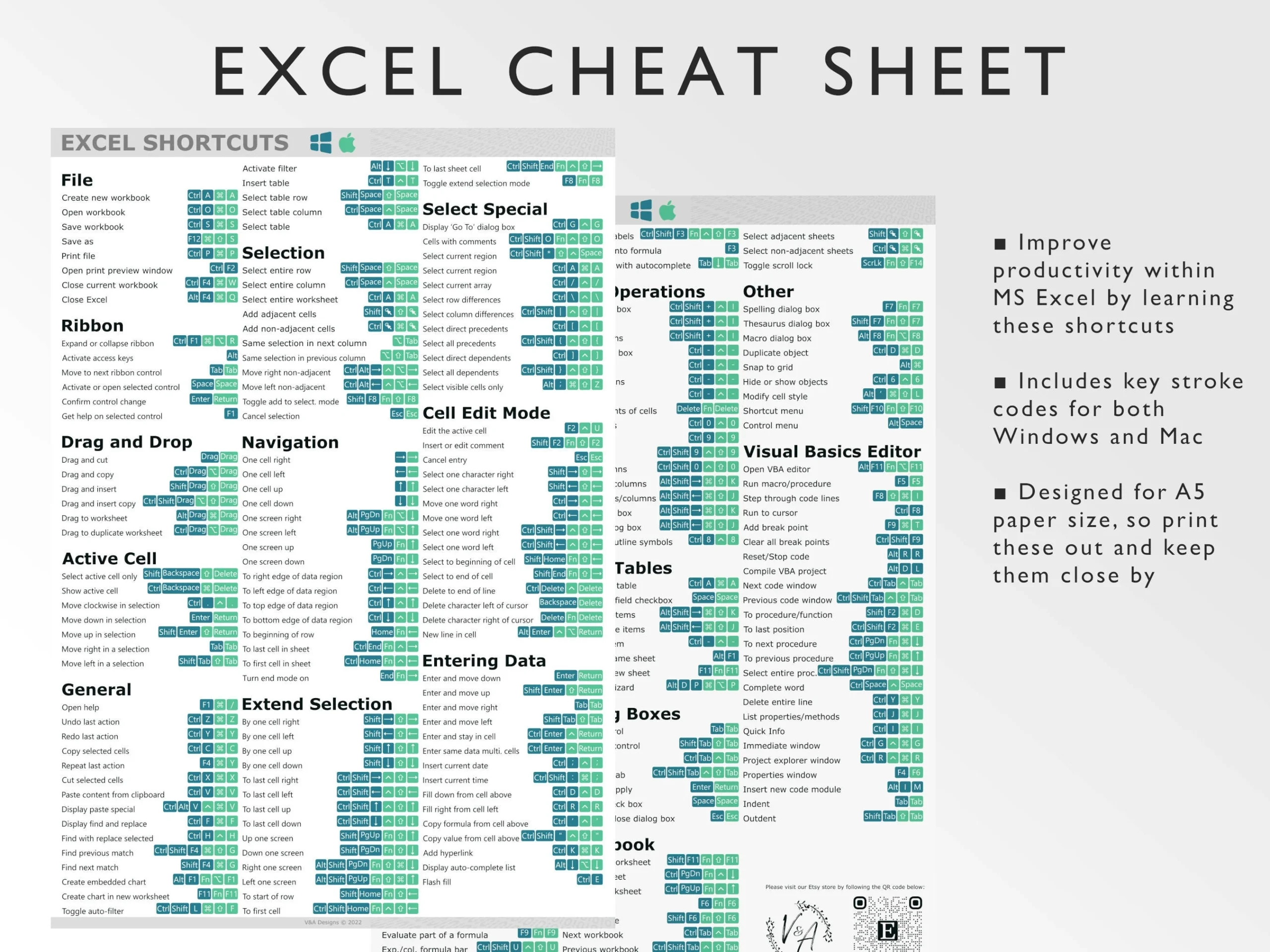 Microsoft Excel Shortcuts Printable Excel Cheat Sheet Workbook Productivity Excel Key Strokes Windows Mac Excel Ninja Green Etsy