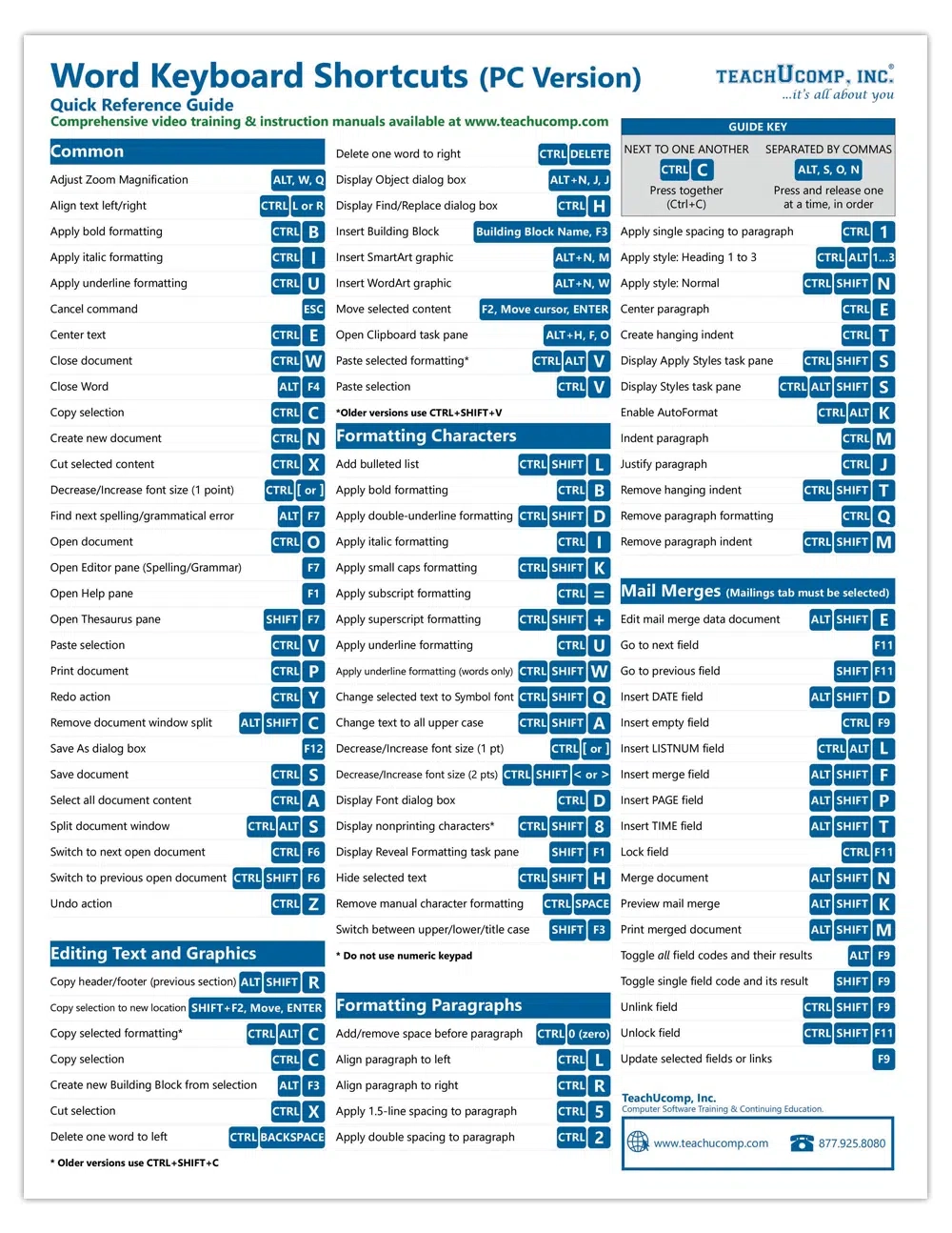 Microsoft Word Keyboard Shortcuts Quick Reference Guide TeachUcomp Inc 
