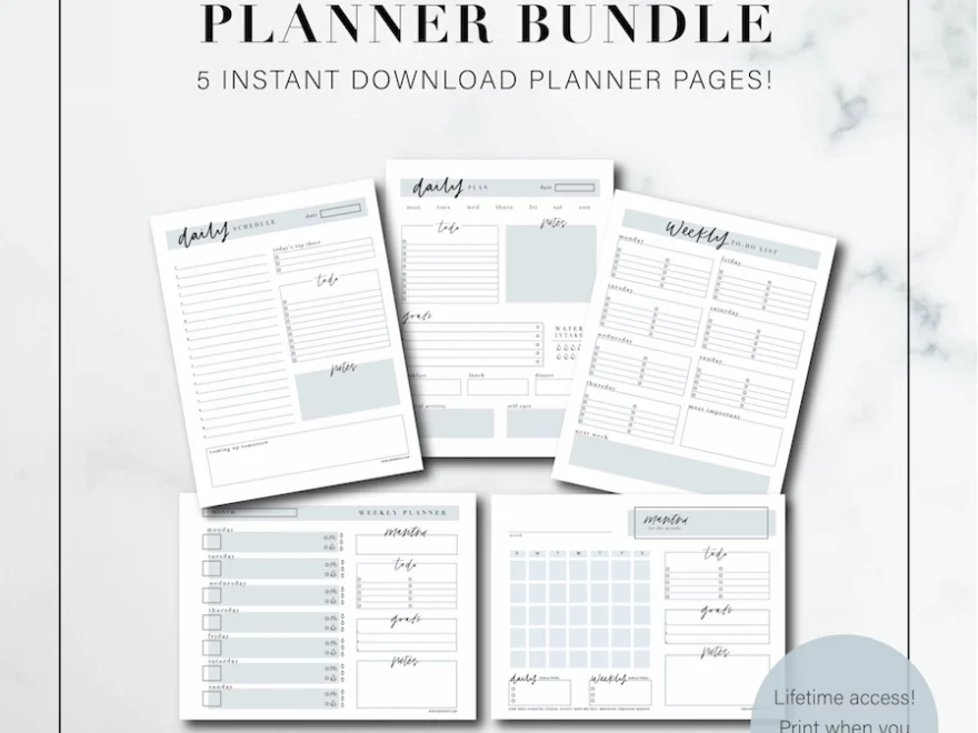 Minimalist Printable Planner Bundle LIFETIME ACCESS Printable To Do List Planner Pages Goal Setting Water Intake Park Ave Prints