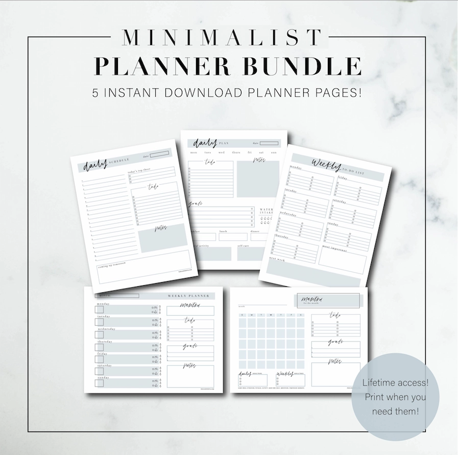 Minimalist Printable Planner Bundle LIFETIME ACCESS Printable To Do List Planner Pages Goal Setting Water Intake Park Ave Prints