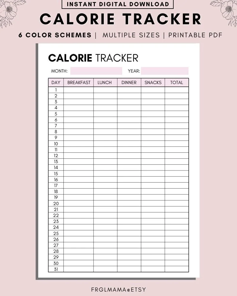Monthly Calorie Tracker Printable A4 A5 US Letter PDF Download Etsy