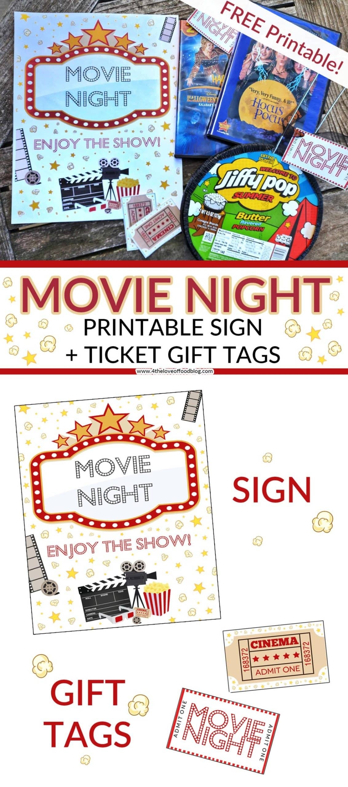 Movie Night Printable Sign And Ticket Gift Tags For The Love Of Food