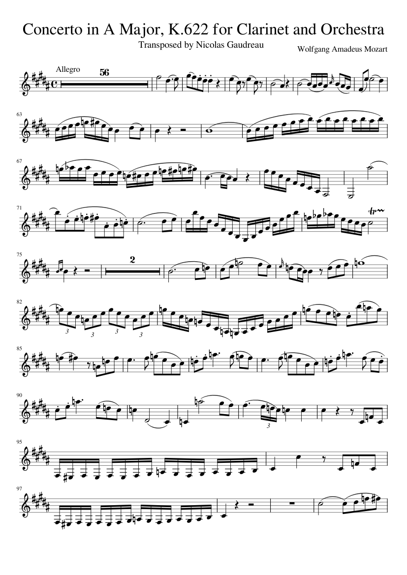 Mozart s Clarinet Concerto In A Major For Bb Clarinet Sheet Music For Clarinet In B flat Solo MuseScore