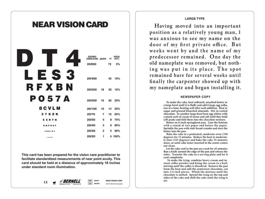 Near Vision Acuity Card For Optometrists Durable Washable Testing Tool