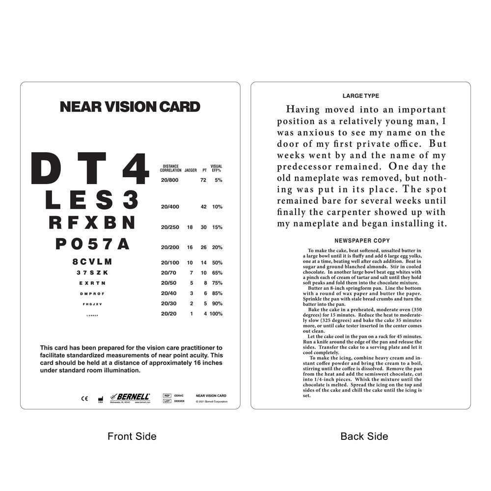 Near Vision Acuity Card For Optometrists Durable Washable Testing Tool